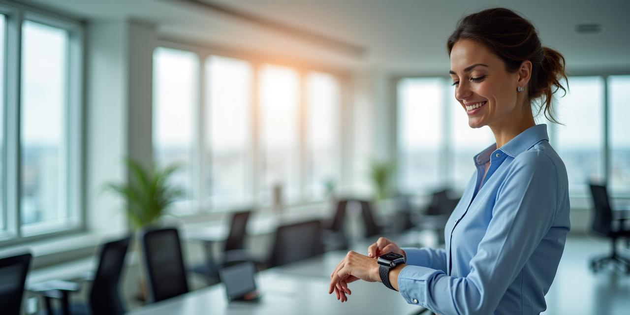 Moderne Mitarbeiterin im Büro nutzt eine Smartwatch zur Gesundheitskontrolle